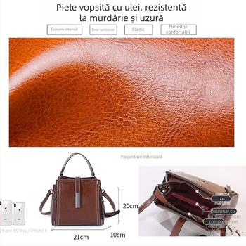 Geantă bucket din piele naturală, finisaj ulei-ceară, închidere cu fermoar, buzunare interioare: buzunar cu fermoar, buzunar pentru telefon, buzunar pentru ID