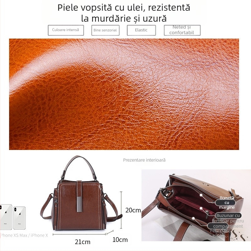 Geantă bucket din piele naturală, finisaj ulei-ceară, închidere cu fermoar, buzunare interioare: buzunar cu fermoar, buzunar pentru telefon, buzunar pentru ID