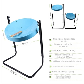 Gern Steel Drum – tobă din oțel cu 8 tonuri, instrument de percuție profesional, ambalaj 60×47×19 cm