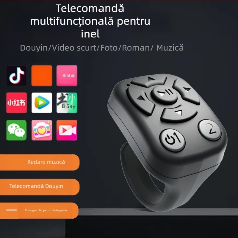 Inel cu telecomandă Bluetooth pentru selfie, control foto și răsfoire pagini; rază de 10 m; purtabil pe deget; baterie 40 mAh; compatibil Android, Apple și HarmonyOS
