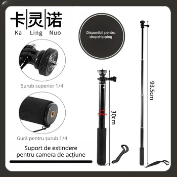 Selfie stick, 4 secțiuni, aliaj de aluminiu, tub excentric extensibil, pentru camere cu interfața de 1/4, sarcină maximă 2 kg