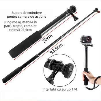 Selfie stick, 4 secțiuni, aliaj de aluminiu, tub excentric extensibil, pentru camere cu interfața de 1/4, sarcină maximă 2 kg