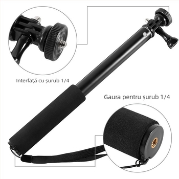 Selfie stick, 4 secțiuni, aliaj de aluminiu, tub excentric extensibil, pentru camere cu interfața de 1/4, sarcină maximă 2 kg