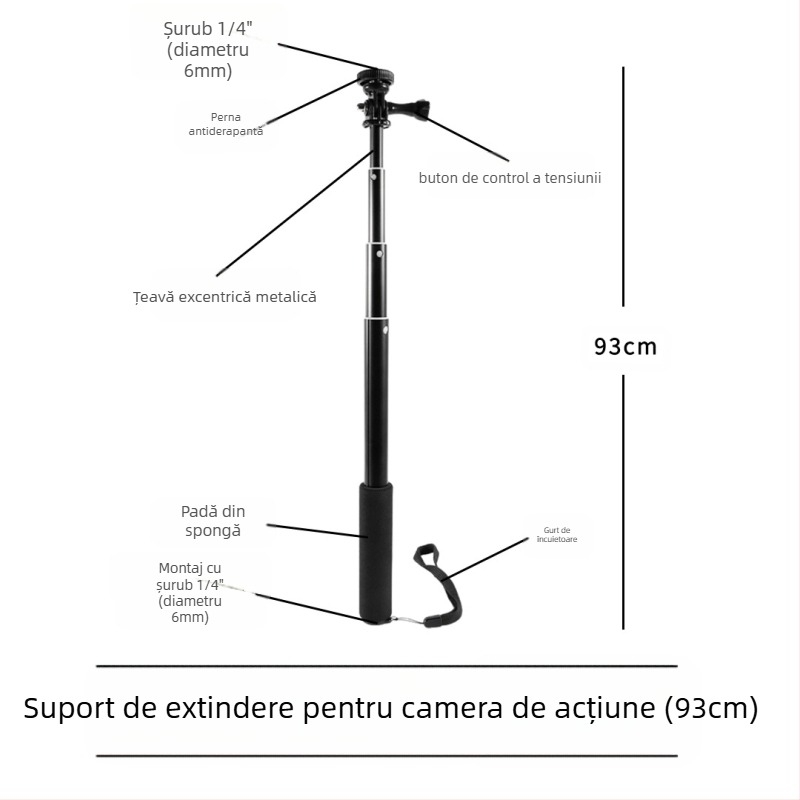 Selfie stick, 4 secțiuni, aliaj de aluminiu, tub excentric extensibil, pentru camere cu interfața de 1/4, sarcină maximă 2 kg