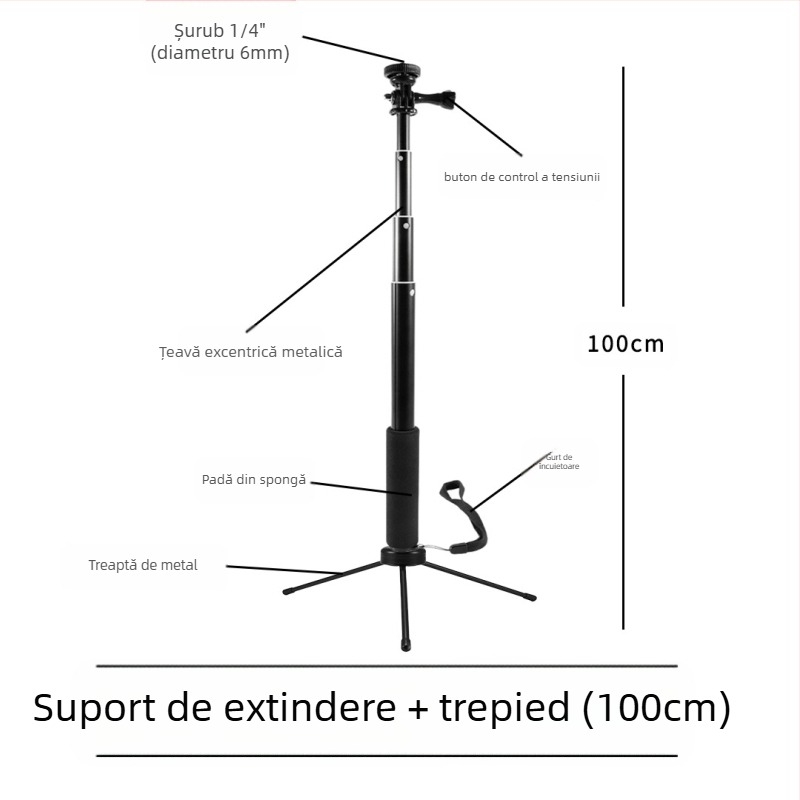 Selfie stick, 4 secțiuni, aliaj de aluminiu, tub excentric extensibil, pentru camere cu interfața de 1/4, sarcină maximă 2 kg