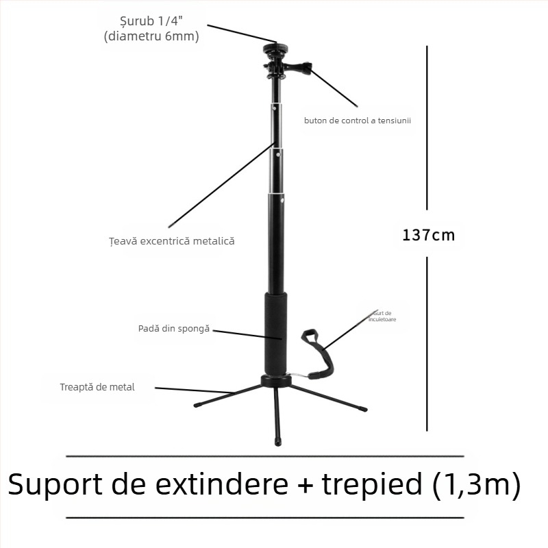 Selfie stick, 4 secțiuni, aliaj de aluminiu, tub excentric extensibil, pentru camere cu interfața de 1/4, sarcină maximă 2 kg