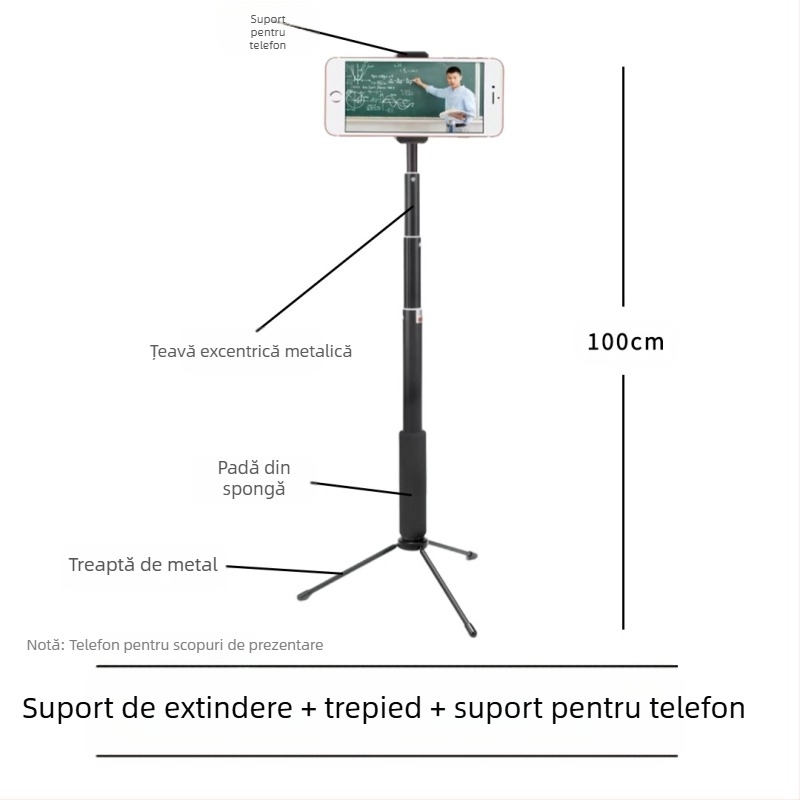 Selfie stick, 4 secțiuni, aliaj de aluminiu, tub excentric extensibil, pentru camere cu interfața de 1/4, sarcină maximă 2 kg
