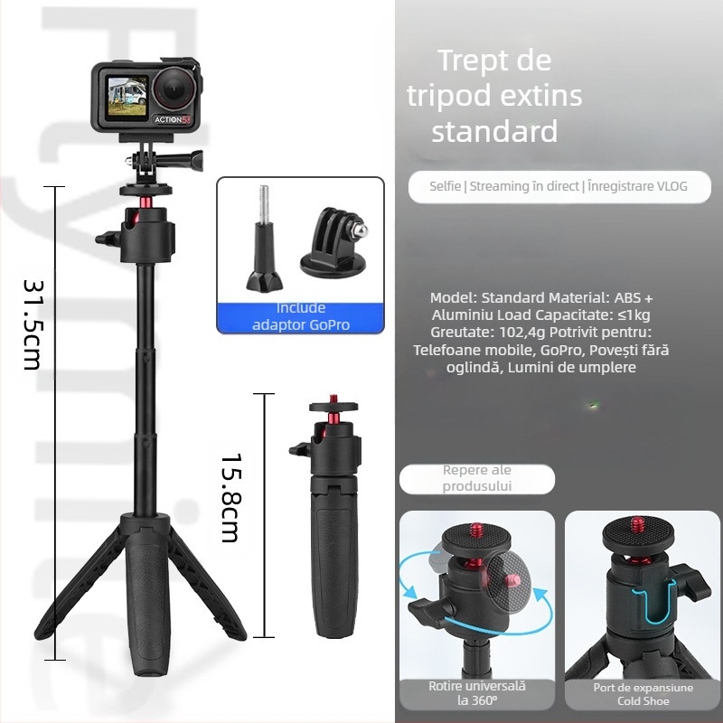 Compatibil Action4/5 Pro – suport pentru selfie stick manual, trepied pentru cameră de acțiune, extensie Pocket 3, sarcină 1 kg, 3 secțiuni