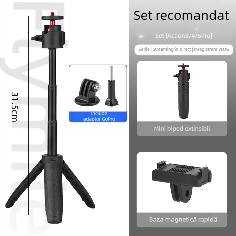 Compatibil Action4/5 Pro – suport pentru selfie stick manual, trepied pentru cameră de acțiune, extensie Pocket 3, sarcină 1 kg, 3 secțiuni