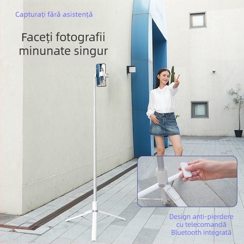 Bluetooth selfie stick cu deschidere automată, suport din aliaj pentru telefon, trepied de podea pentru streaming live