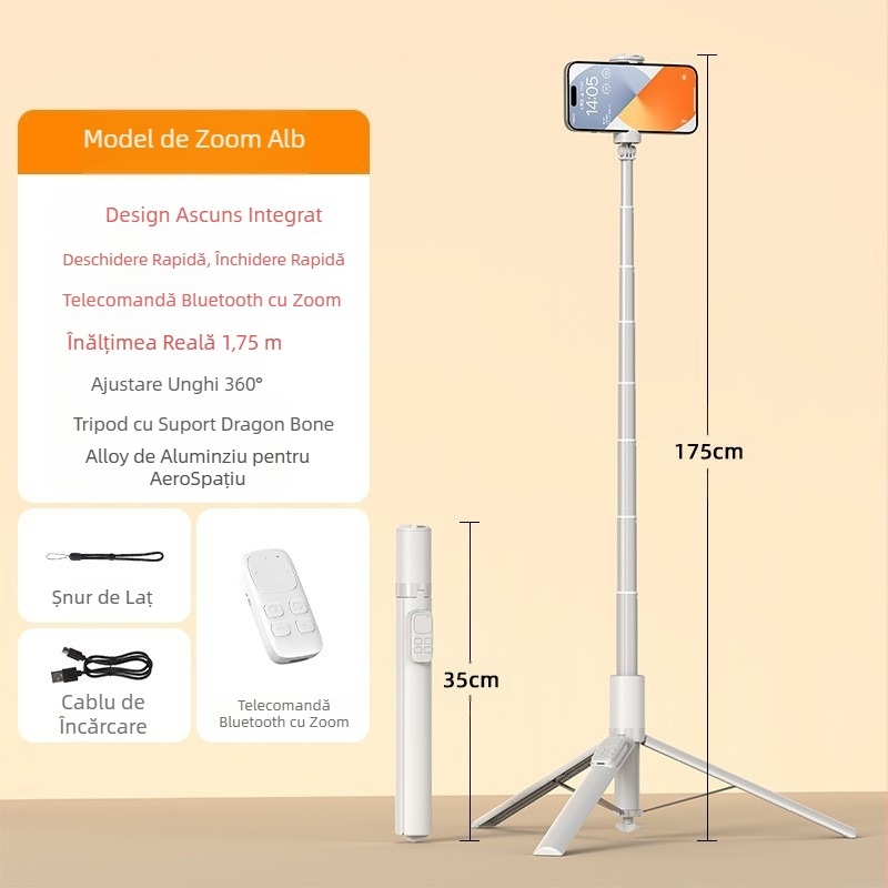 Bluetooth selfie stick cu deschidere automată, suport din aliaj pentru telefon, trepied de podea pentru streaming live