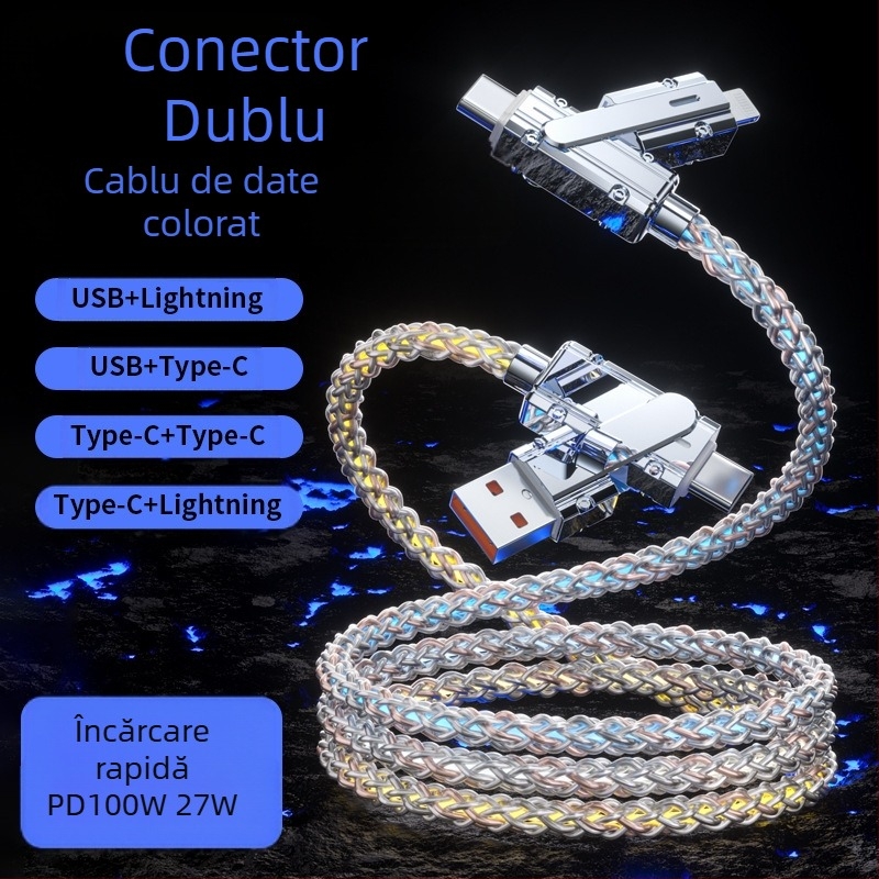 Cabl de date cu design cer înstelat, încărcare rapidă 100W, ramificație duală (două la două), Mini USB, Lightning, Type-C