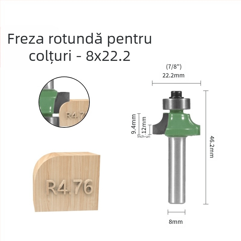 Set de freze pentru colțuri rotunde (8 mânere, 6 piese) pentru șlefuirea colțurilor și margini curbate | cap din aliaj | brand Xin Edge Da | categorie: freză pentru față | compatibil cu mașini de gravat | domeniu de prelucrare: lemn / MDF / plăci laminate