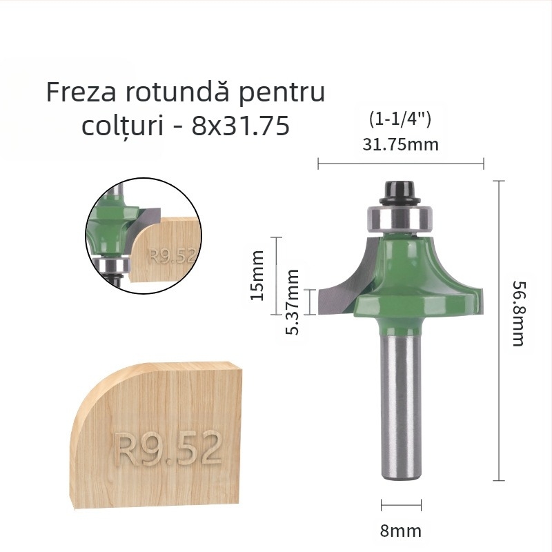 Set de freze pentru colțuri rotunde (8 mânere, 6 piese) pentru șlefuirea colțurilor și margini curbate | cap din aliaj | brand Xin Edge Da | categorie: freză pentru față | compatibil cu mașini de gravat | domeniu de prelucrare: lemn / MDF / plăci laminate