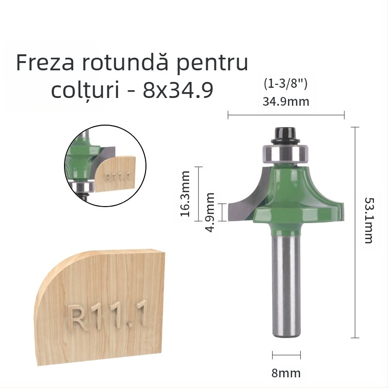 Set de freze pentru colțuri rotunde (8 mânere, 6 piese) pentru șlefuirea colțurilor și margini curbate | cap din aliaj | brand Xin Edge Da | categorie: freză pentru față | compatibil cu mașini de gravat | domeniu de prelucrare: lemn / MDF / plăci laminate
