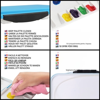 Cutie paletă pentru acuarele cu 18 compartimente, multifuncțională, cu inel etanș și capac rabatabil, ușor de curățat