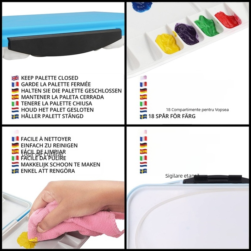 Cutie paletă pentru acuarele cu 18 compartimente, multifuncțională, cu inel etanș și capac rabatabil, ușor de curățat
