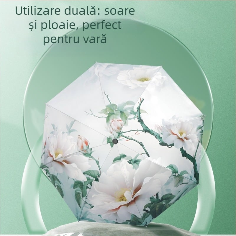 Umbrelă cu imprimare digitală, protecție UV UPF >40, ramă din fier cu 8 spițe, țesătură 190T, deschidere/închidere manuală, mâner din plastic