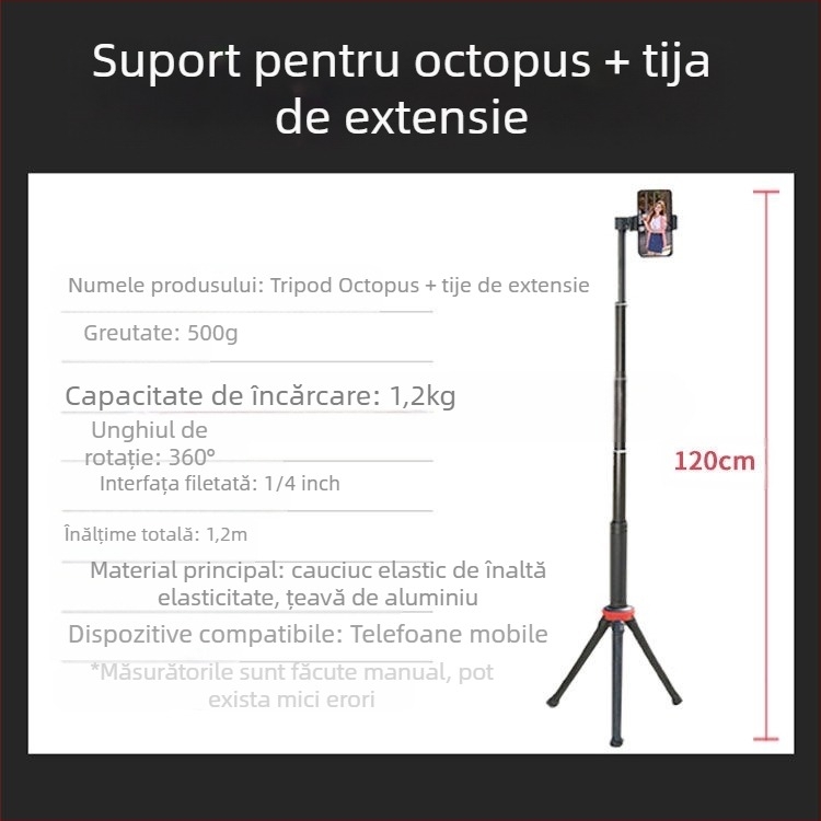 Suport de filmare de sus cu trepied caracatiță pentru telefon/DSLR — portabil, extensibil pentru selfie, silicon, design IP