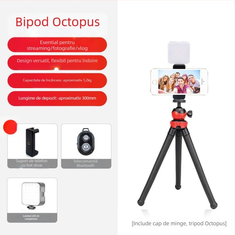 Suport de filmare de sus cu trepied caracatiță pentru telefon/DSLR — portabil, extensibil pentru selfie, silicon, design IP