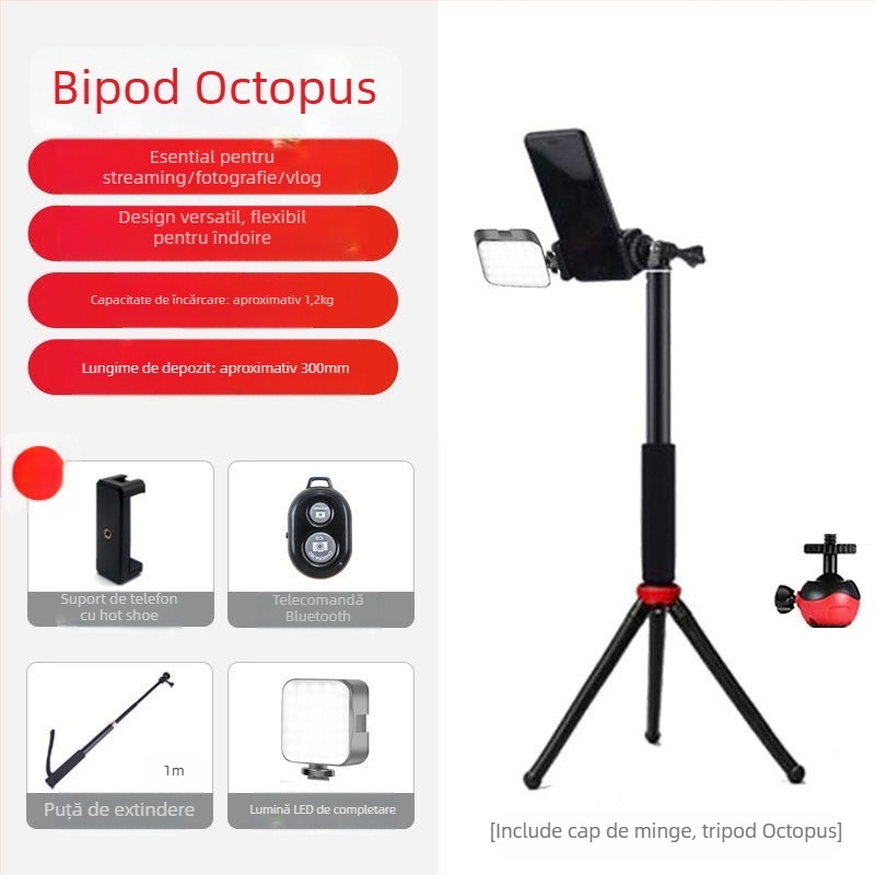 Suport de filmare de sus cu trepied caracatiță pentru telefon/DSLR — portabil, extensibil pentru selfie, silicon, design IP