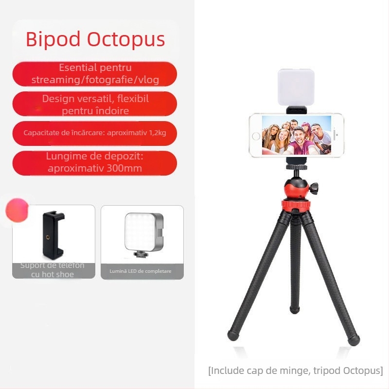 Suport de filmare de sus cu trepied caracatiță pentru telefon/DSLR — portabil, extensibil pentru selfie, silicon, design IP