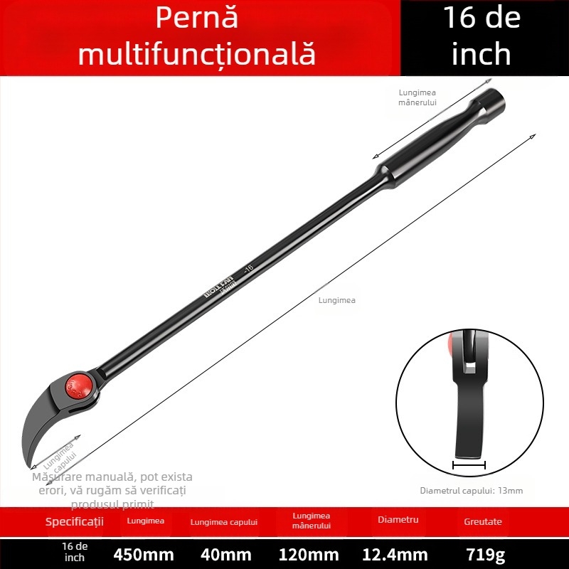 Crowbar cu tijă rotundă, capete rotund și plat, oțel cu carbon, unealtă de reparații auto