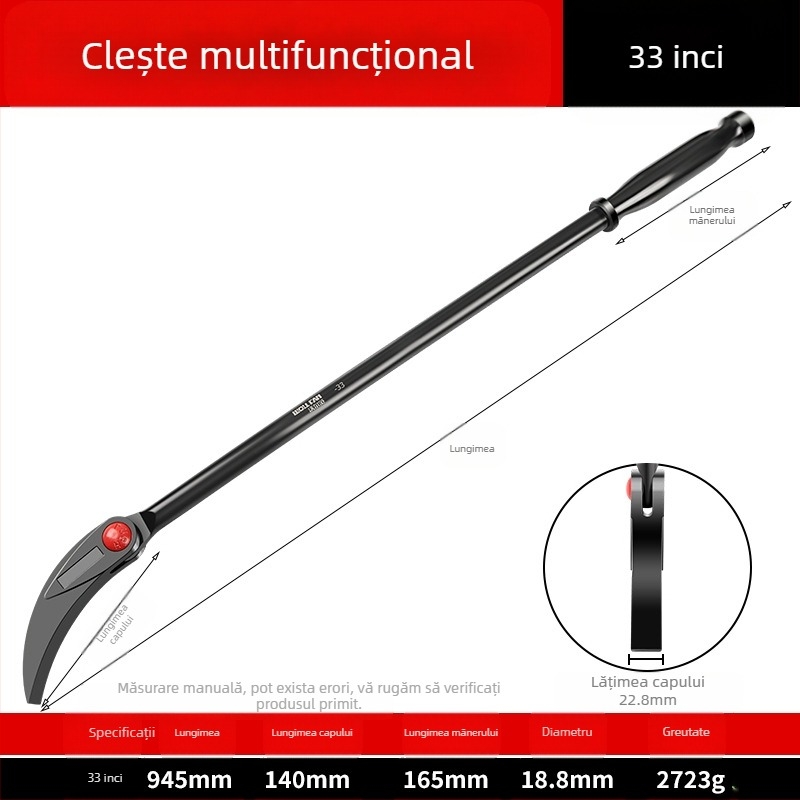 Crowbar cu tijă rotundă, capete rotund și plat, oțel cu carbon, unealtă de reparații auto