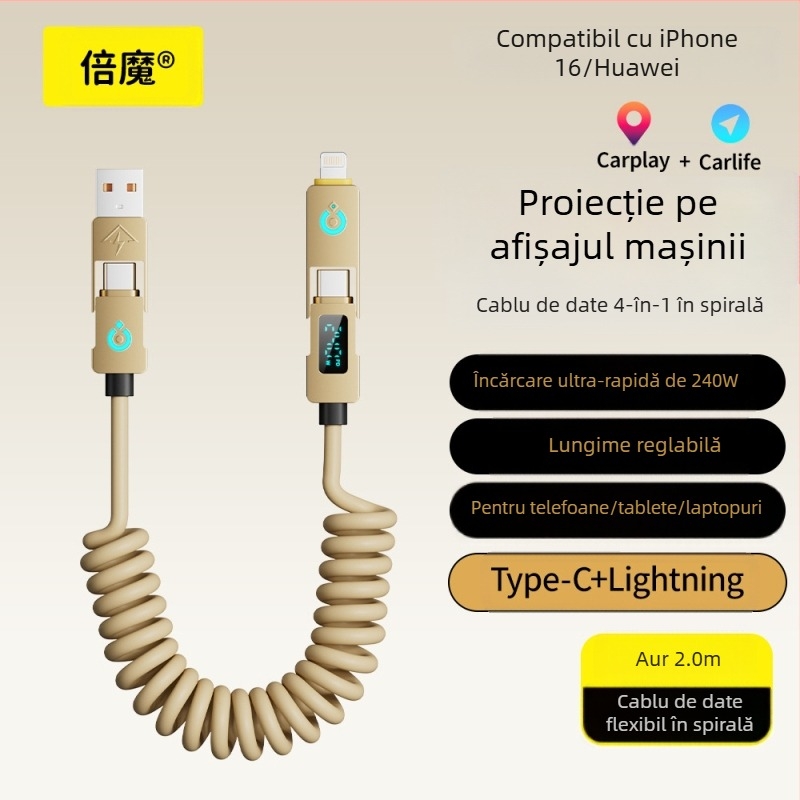 Double Demon cablu USB-C 4 în 1 cu afișaj digital, încărcare rapidă, 240W