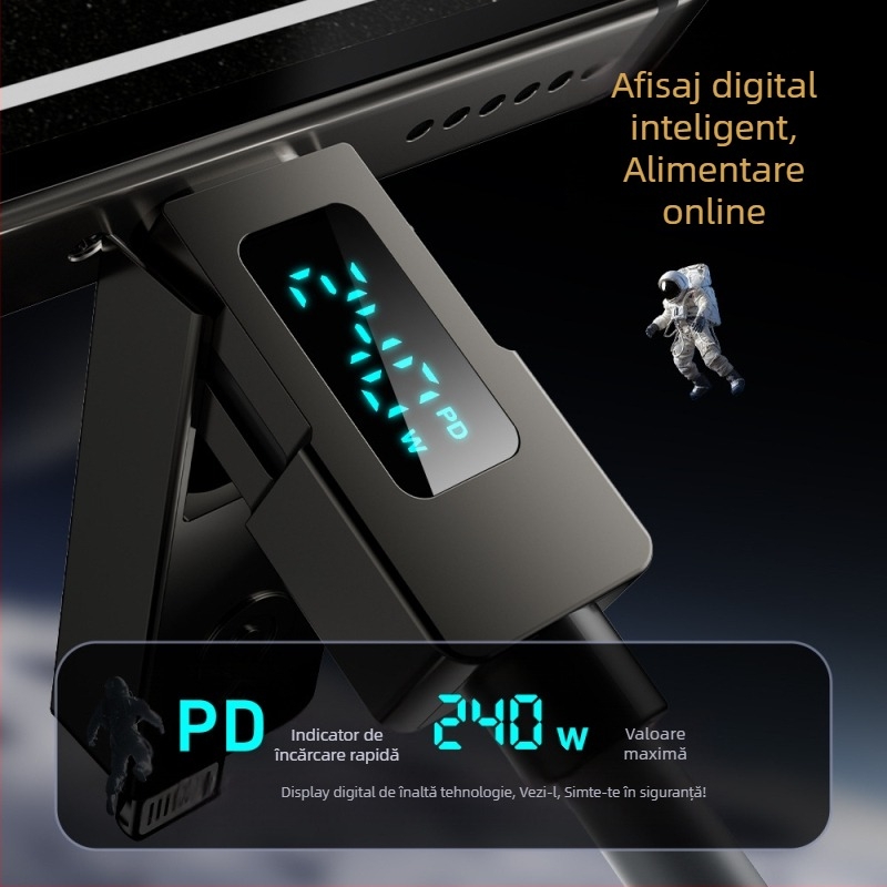 Double Demon cablu USB-C 4 în 1 cu afișaj digital, încărcare rapidă, 240W