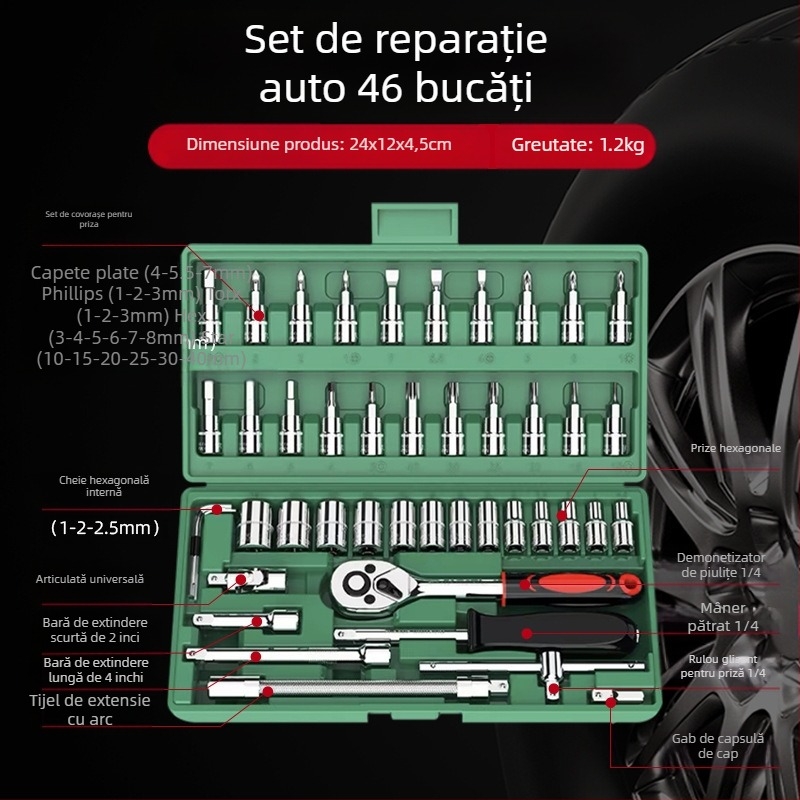Metal tiger Set de unelte pentru reparatii auto cu cheie cu soclu și capete, oțel crom-vanadiu, pentru reparații auto și mecanice