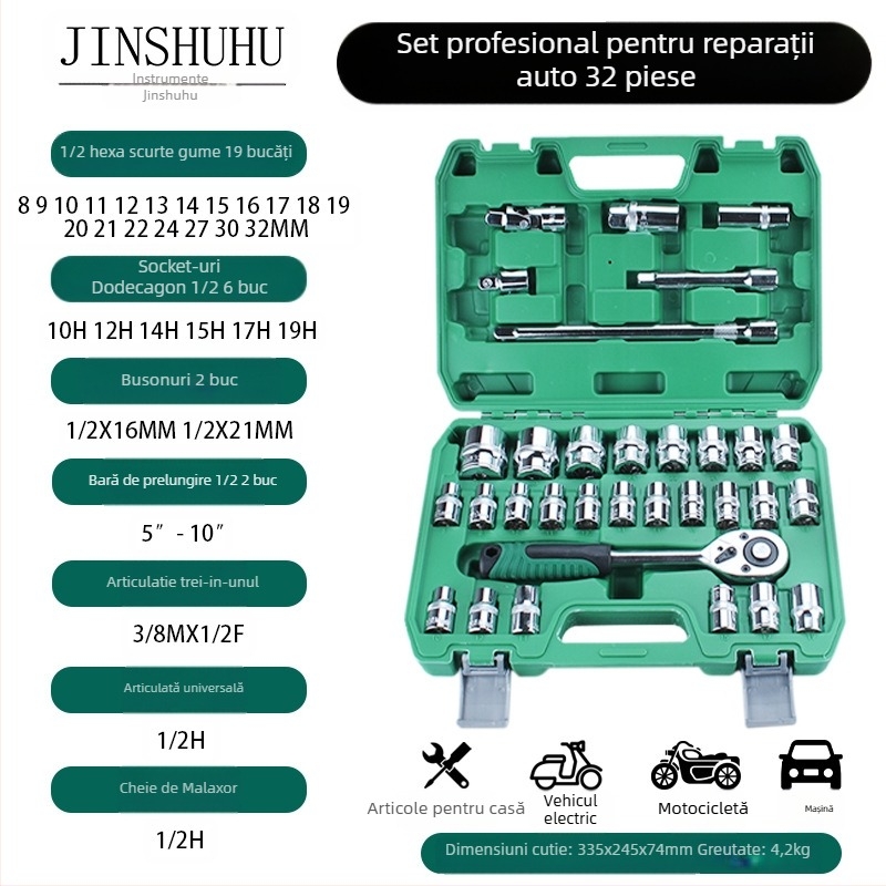 Metal tiger Set de unelte pentru reparatii auto cu cheie cu soclu și capete, oțel crom-vanadiu, pentru reparații auto și mecanice