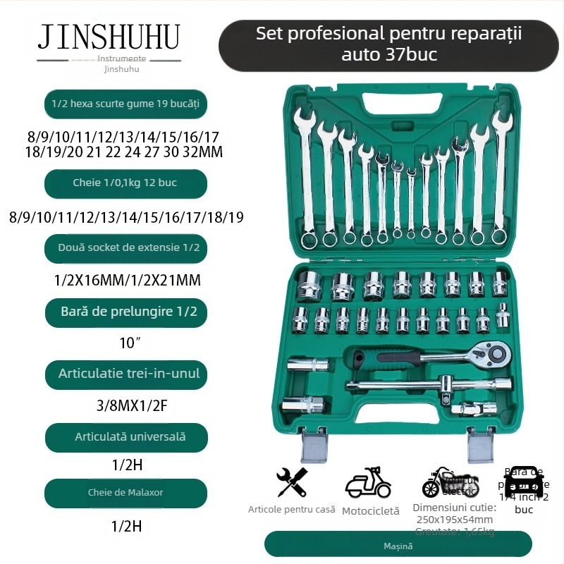 Metal tiger Set de unelte pentru reparatii auto cu cheie cu soclu și capete, oțel crom-vanadiu, pentru reparații auto și mecanice