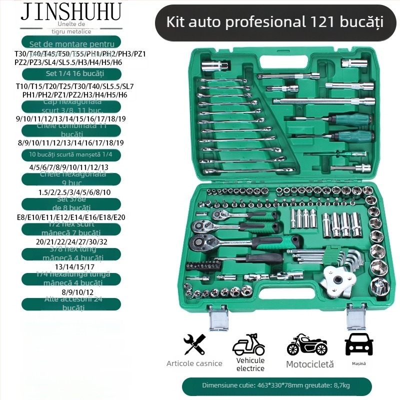 Metal tiger Set de unelte pentru reparatii auto cu cheie cu soclu și capete, oțel crom-vanadiu, pentru reparații auto și mecanice