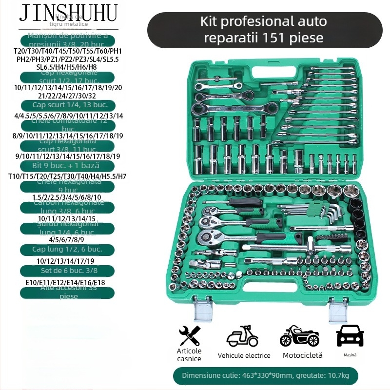 Metal tiger Set de unelte pentru reparatii auto cu cheie cu soclu și capete, oțel crom-vanadiu, pentru reparații auto și mecanice