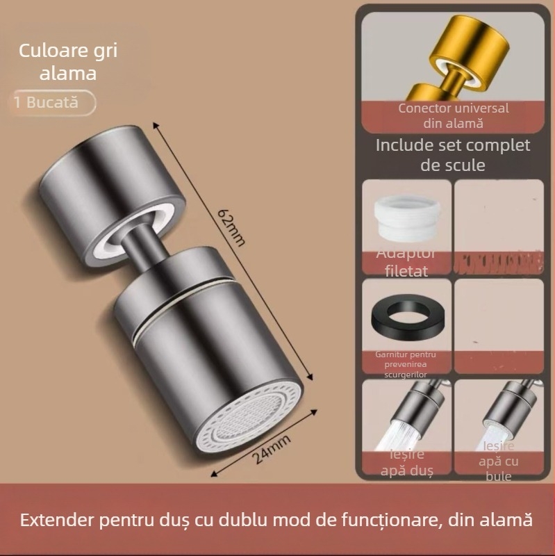 Aerator universal pentru robinet – prelungitor pentru chiuveta/băi, cap anti-strop, corp din cupru, conexiune spirală, montaj 22-24, finisaj electroplacat