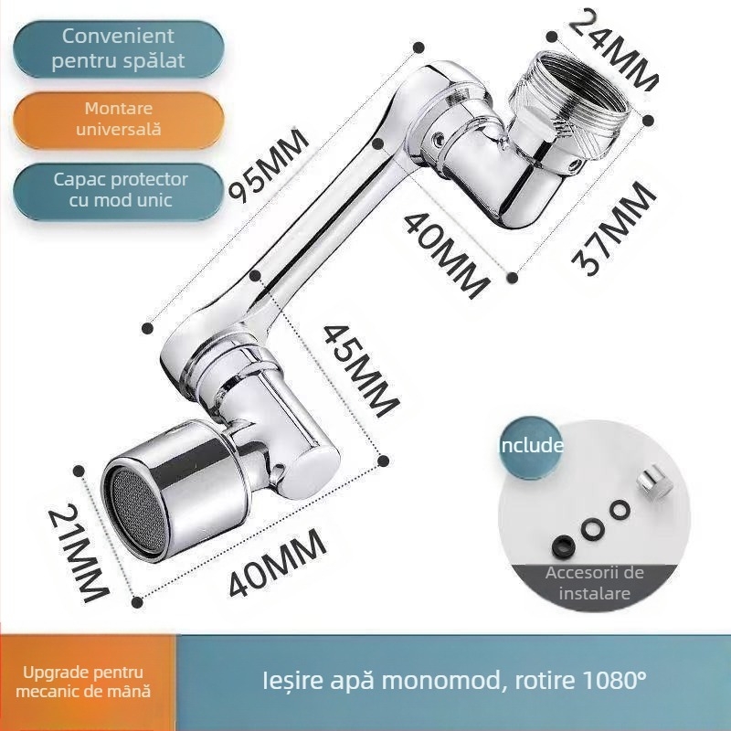 Aerator universal pentru robinet – prelungitor pentru chiuveta/băi, cap anti-strop, corp din cupru, conexiune spirală, montaj 22-24, finisaj electroplacat