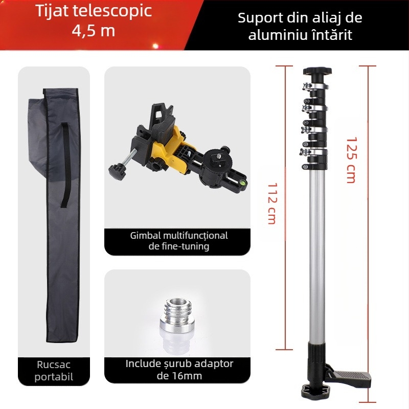 Nivel laser cu tijă telescopică de susținere și suport infraroșu multifuncțional, din aliaj de aluminiu întărit și oțel inoxidabil
