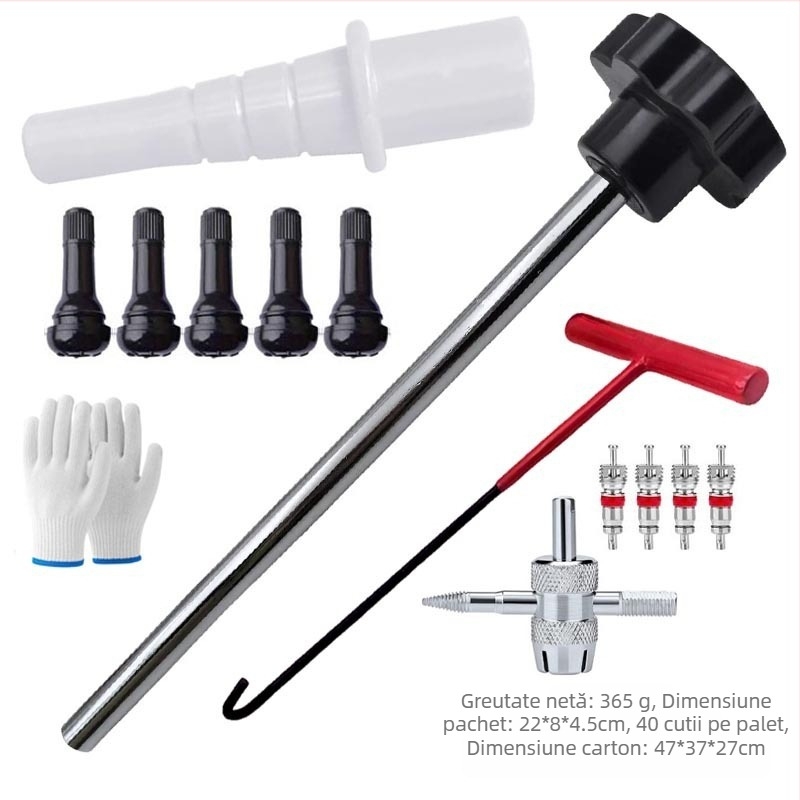 Set de unelte pentru montajul ventilului de la anvelope: demontare ventil cauciuc și montaj miez ventil – pentru reparații auto
