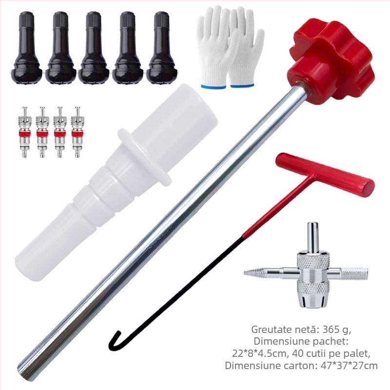 Set de unelte pentru montajul ventilului de la anvelope: demontare ventil cauciuc și montaj miez ventil – pentru reparații auto