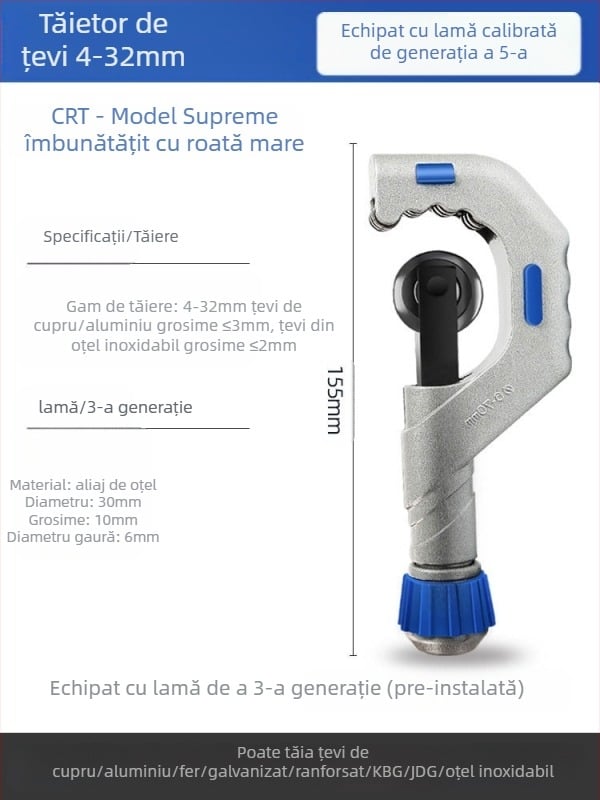 Tăietor de țevi cu lamă din oțel inoxidabil, mecanism cu rulmenți, rolă pentru tăierea țevi metalice, din cupru și din plastic