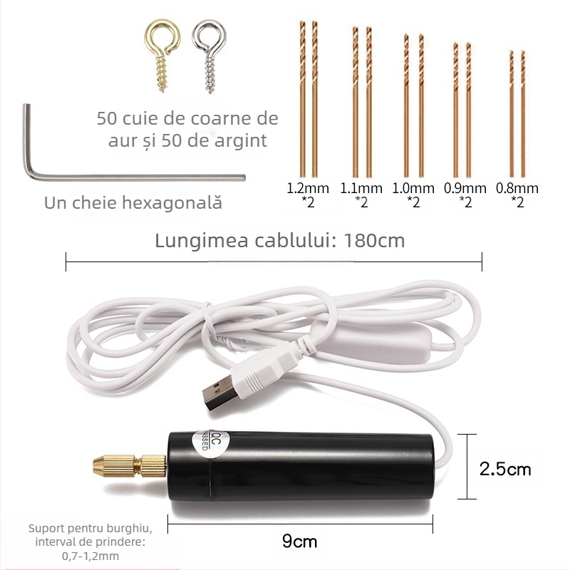 Burghiu electric mini USB pentru DIY cu motor periat, alimentare USB, orientare verticală, mandrină de burghiu, potrivit pentru lemn, metal, plastic și materiale compozite