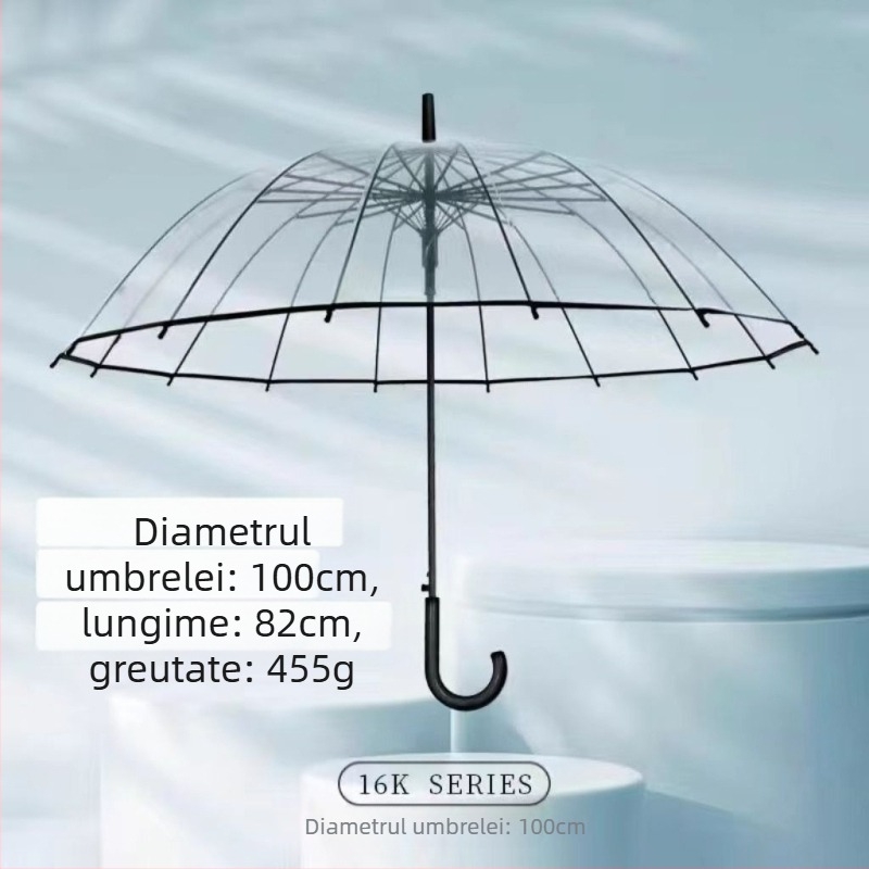 Yanyun umbrelă transparentă cu 16 nervuri, deschidere automată, mâner lung, personalizare DIY