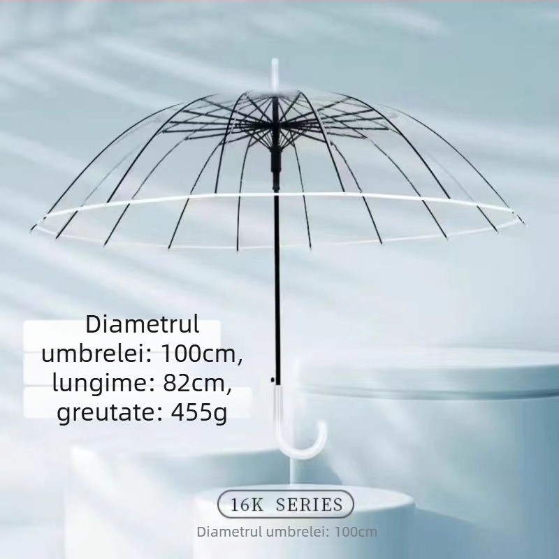 Yanyun umbrelă transparentă cu 16 nervuri, deschidere automată, mâner lung, personalizare DIY