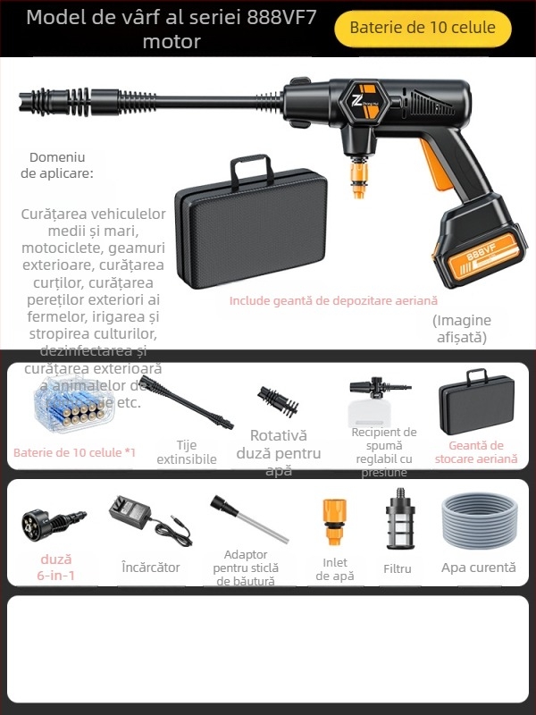 Pistol de înaltă presiune pentru spălarea mașinilor, fără fir, 20V, presiune maximă 36 BAR, debit 4 L/min, model ZH-HXCQ, greutate 2,4 kg