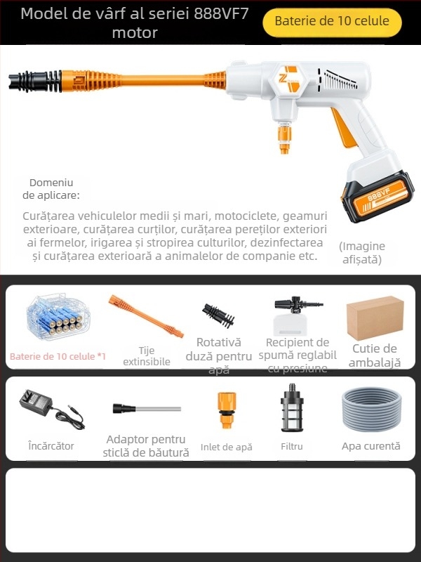 Pistol de înaltă presiune pentru spălarea mașinilor, fără fir, 20V, presiune maximă 36 BAR, debit 4 L/min, model ZH-HXCQ, greutate 2,4 kg