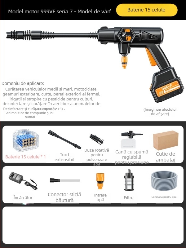 Pistol de înaltă presiune pentru spălarea mașinilor, fără fir, 20V, presiune maximă 36 BAR, debit 4 L/min, model ZH-HXCQ, greutate 2,4 kg