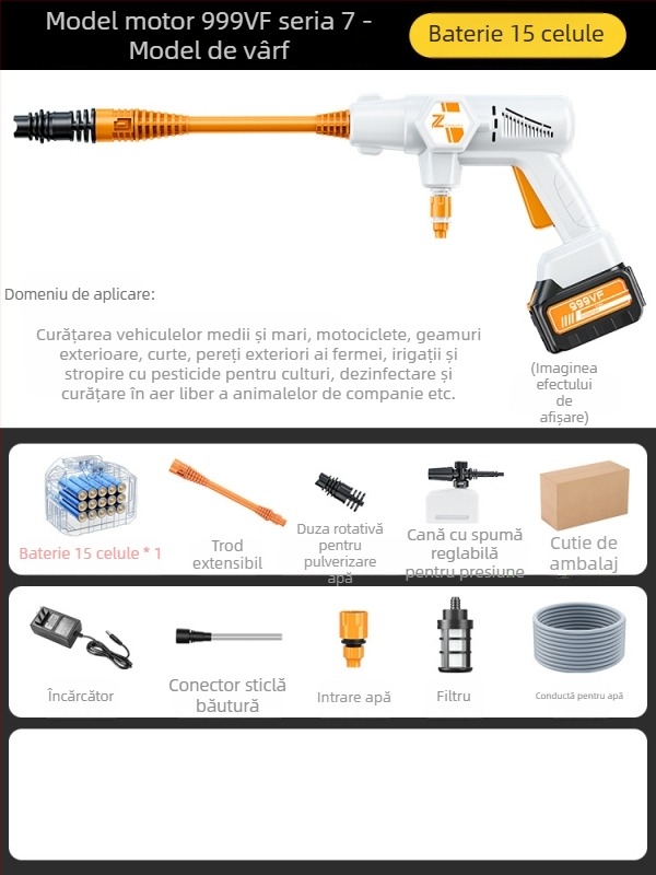 Pistol de înaltă presiune pentru spălarea mașinilor, fără fir, 20V, presiune maximă 36 BAR, debit 4 L/min, model ZH-HXCQ, greutate 2,4 kg
