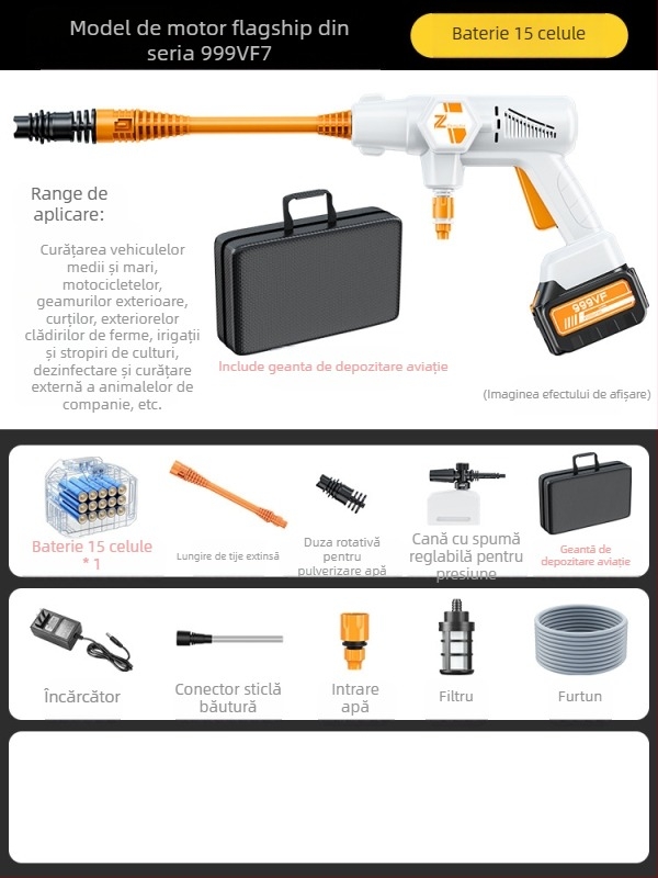 Pistol de înaltă presiune pentru spălarea mașinilor, fără fir, 20V, presiune maximă 36 BAR, debit 4 L/min, model ZH-HXCQ, greutate 2,4 kg