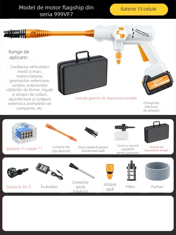 Pistol de înaltă presiune pentru spălarea mașinilor, fără fir, 20V, presiune maximă 36 BAR, debit 4 L/min, model ZH-HXCQ, greutate 2,4 kg